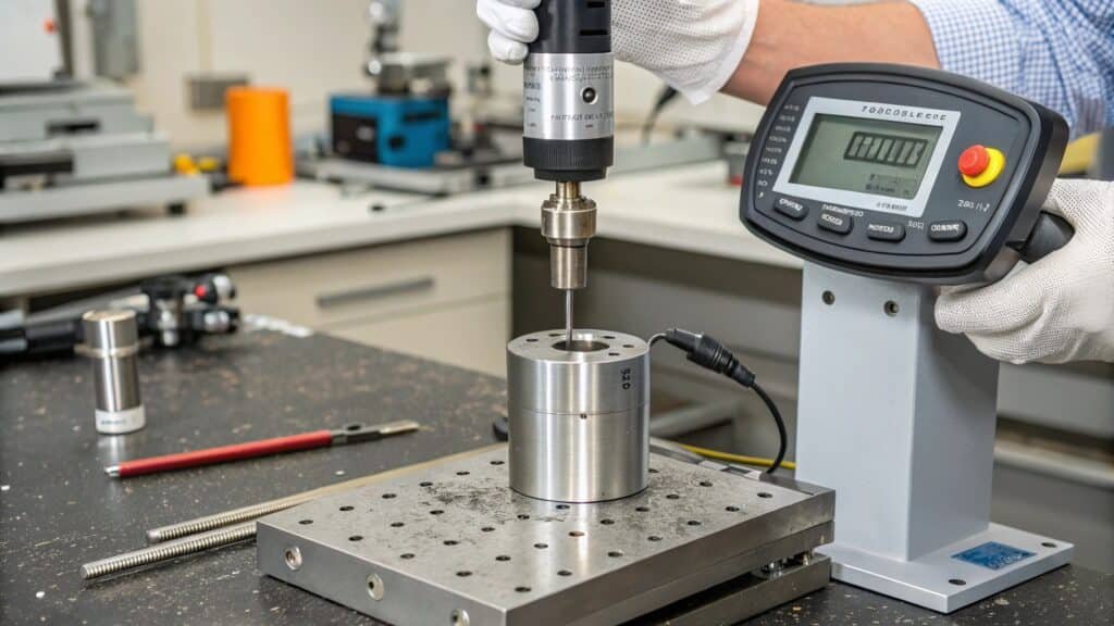 alt with keywords: close-up of a Brinell hardness test being performed on a 6061 aluminum sample